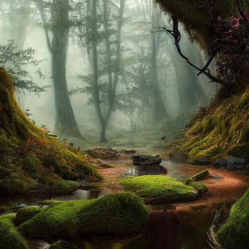 Image similar to tom bagshaw, soft painting render curiosities pond vegetation rocks covered moss scintillating, beautiful running fox, accurate features, focus, very intricate ultrafine details, random volumetric lighting, dense fog, award winning masterpiece, octane render 8 k hd, artstation