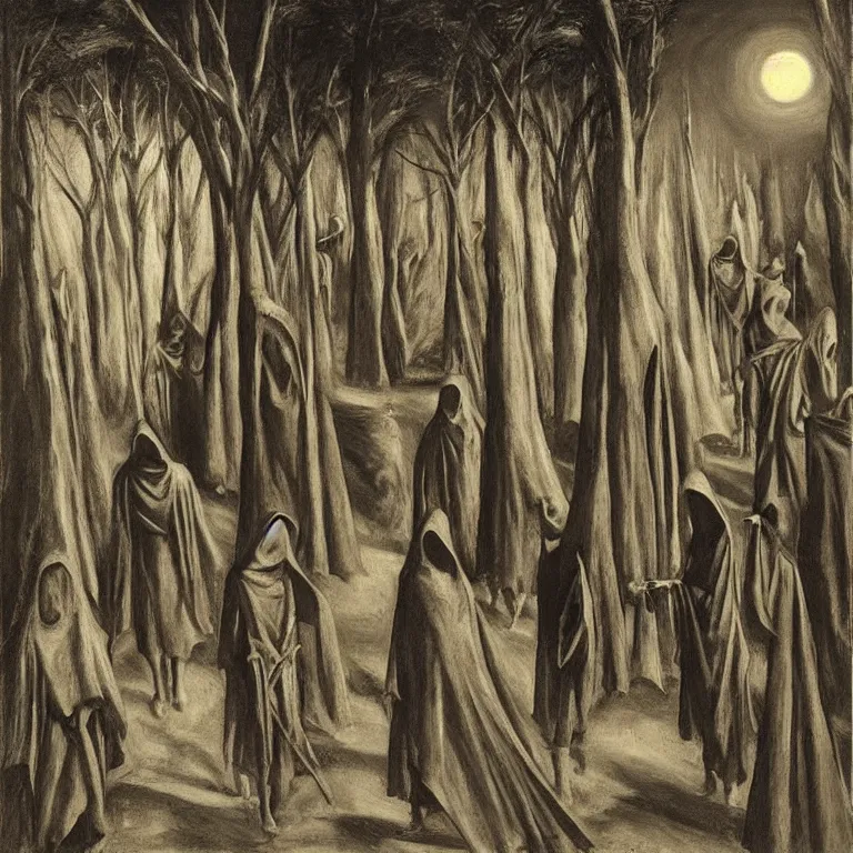 Image similar to A Holy Week procession of grim reapers in a lush Spanish landscape at night. A hooded figure at the front holds a cross. El Greco, Remedios Varo, Carl Gustav Carus, Edward Hopper.