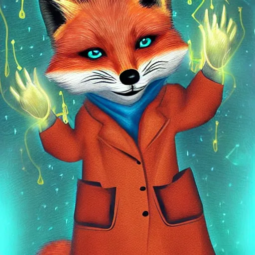 Prompt: stern looking fox in a labcoat, casting a magic spell, digital art,