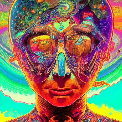 Image similar to An extremely psychedelic experience, colorful, surreal, dramatic lighting, cosmonaut, LSD, face, detailed, intricate, elegant, highly detailed, digital painting, artstation, concept art, smooth, sharp focus, illustration, art by Sam Spratt, Dan Mumford, Artem Demura and Alphonse Mucha