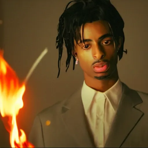 Image similar to cinematic film still of Playboi Carti starring as a Japanese Sensei with fire, Japanese CGI, VFX, 2003, 40mm lens, shallow depth of field, film photography