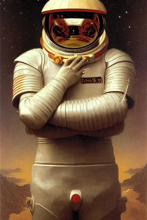 Prompt: portrait of a astronaut is a chinese dragon in armor and helmet, majestic, solemn, in space, by bouguereau