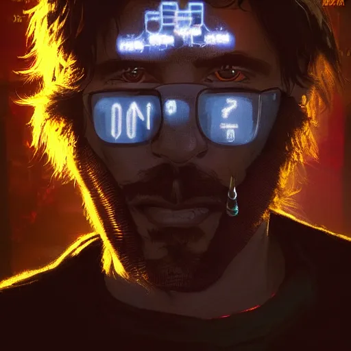 Image similar to cyberpunk, closeup portrait of a shaggy cyberpunk hacker, cigarette in mouth, dramatic light, city background, sunset, dystopian setting, high contrast, sharp, neuromancer, painted by stanley lau, painted by greg rutkowski, painted by stanley artgerm, digital art, trending on artstation