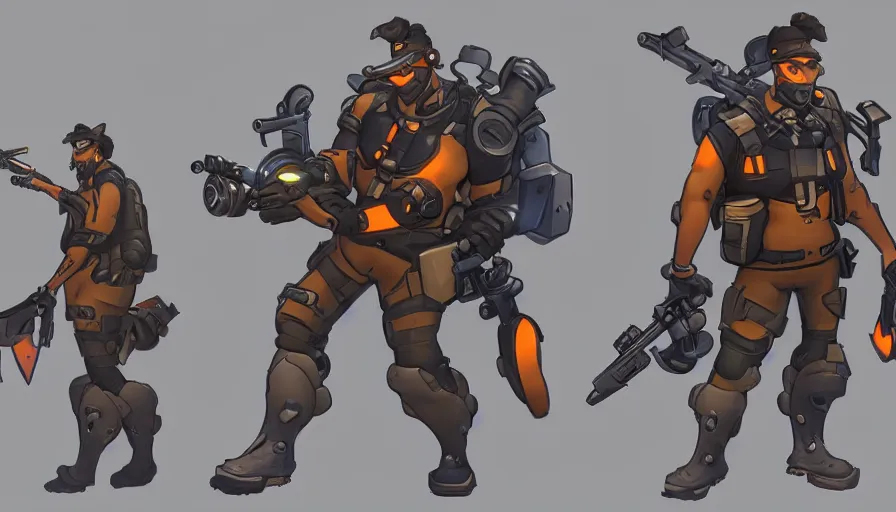 Prompt: Concept art for new overwatch character: The Sabotuer, French Special Ops, Short, Nimble, Spy, Uses Explosives, Planted Charge, C4 Explosive, Roguish, and Hand Grenades, Anti-tank Rifle, Dark Humor, Male, Rugged, Dagger, High-tech, Fast, Black and Orange