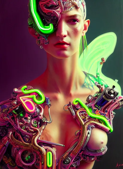 Image similar to neon cyborg, Neo Rococo Expressionist, Maximalism, orientalism, diffuse lighting, fantasy, intricate, elegant, highly detailed, lifelike, photorealistic, digital painting, artstation, illustration, concept art, smooth, sharp focus, art by John Collier and Albert Aublet and Krenz Cushart and Artem Demura and Alphonse Mucha