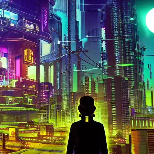 Prompt: solarpunk city contrasted with cyberpunk in the background