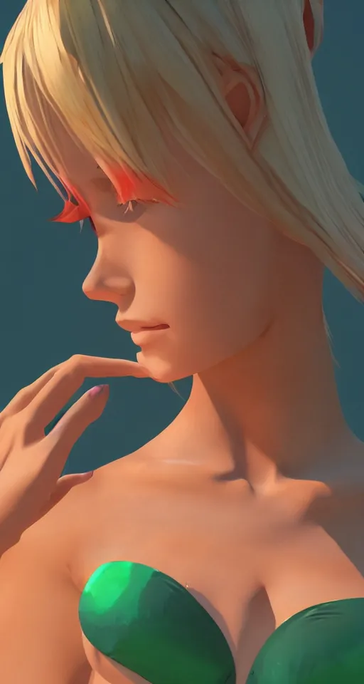 Image similar to beautiful blond woman in orange tribal bikini, blond hair pulled back off the face, green eyes, by makoto shinkai, 8 k, high resolution render, cinematic, unreal engine, clean lineart and flat color,