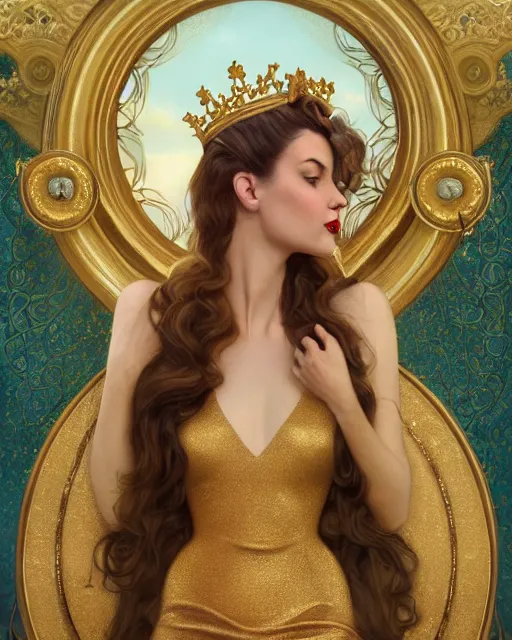 Image similar to a beautiful goldish woman, pinup pose, long hair, tall and thin, wearing dozens of pendants and a gown of gold, small delicate crown of the sea on her head, illustration, symmetry accurate features, volumetric light clouds, ultra realist soft painting, (art nouveau), octane render, 8k, HD, by Tom Bagshaw, Brom, Charlie Bowater, faces by otto schmidt