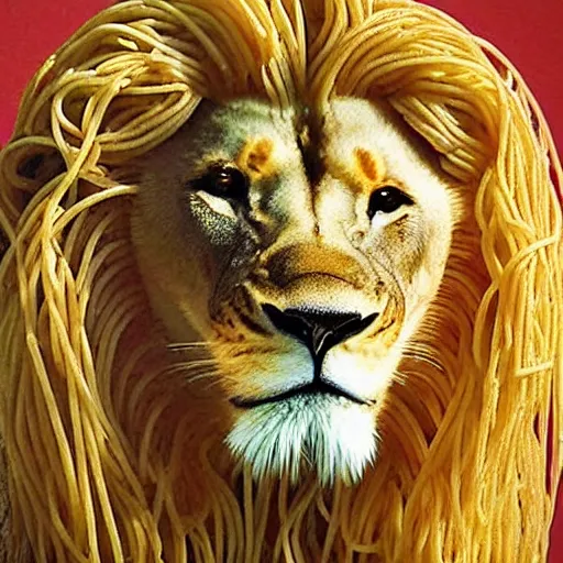 Prompt: a lion made of spaghetti, spaghetti, constructed of spaghetti noodles, realistic photograph