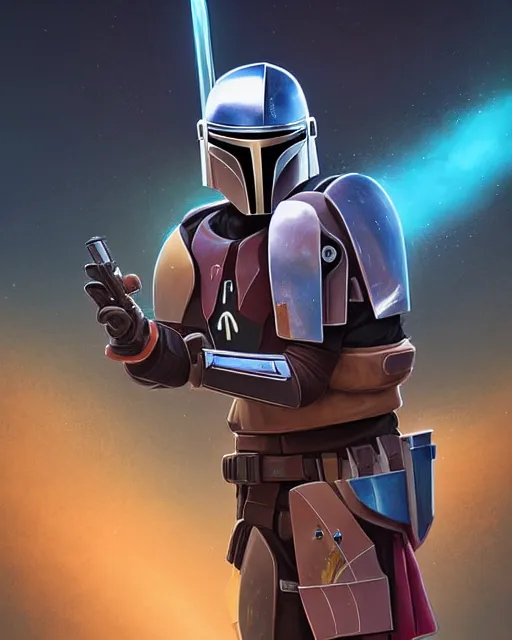 Image similar to a mandalorian with an original armor and helmet, digital painting bioluminance alena aenami artworks in 4 k design by lois van baarle by sung choi by john kirby artgerm style pascal blanche and magali villeneuve