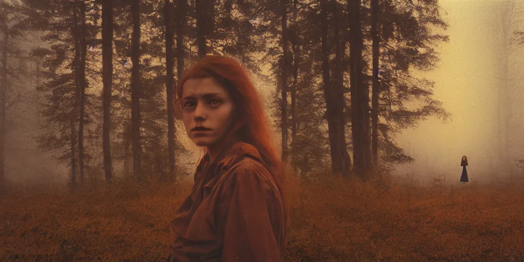 Image similar to portrait bust of young woman, tired expression, faded color film, russian cinema, tarkovsky, kodachrome, inside old cabin, next to window, heavy forest outside, long brown hair, old clothing, heavy fog, brown color palette, sunset, low light, hudson river school, 4 k, dramatic lighting, greg rutkowski