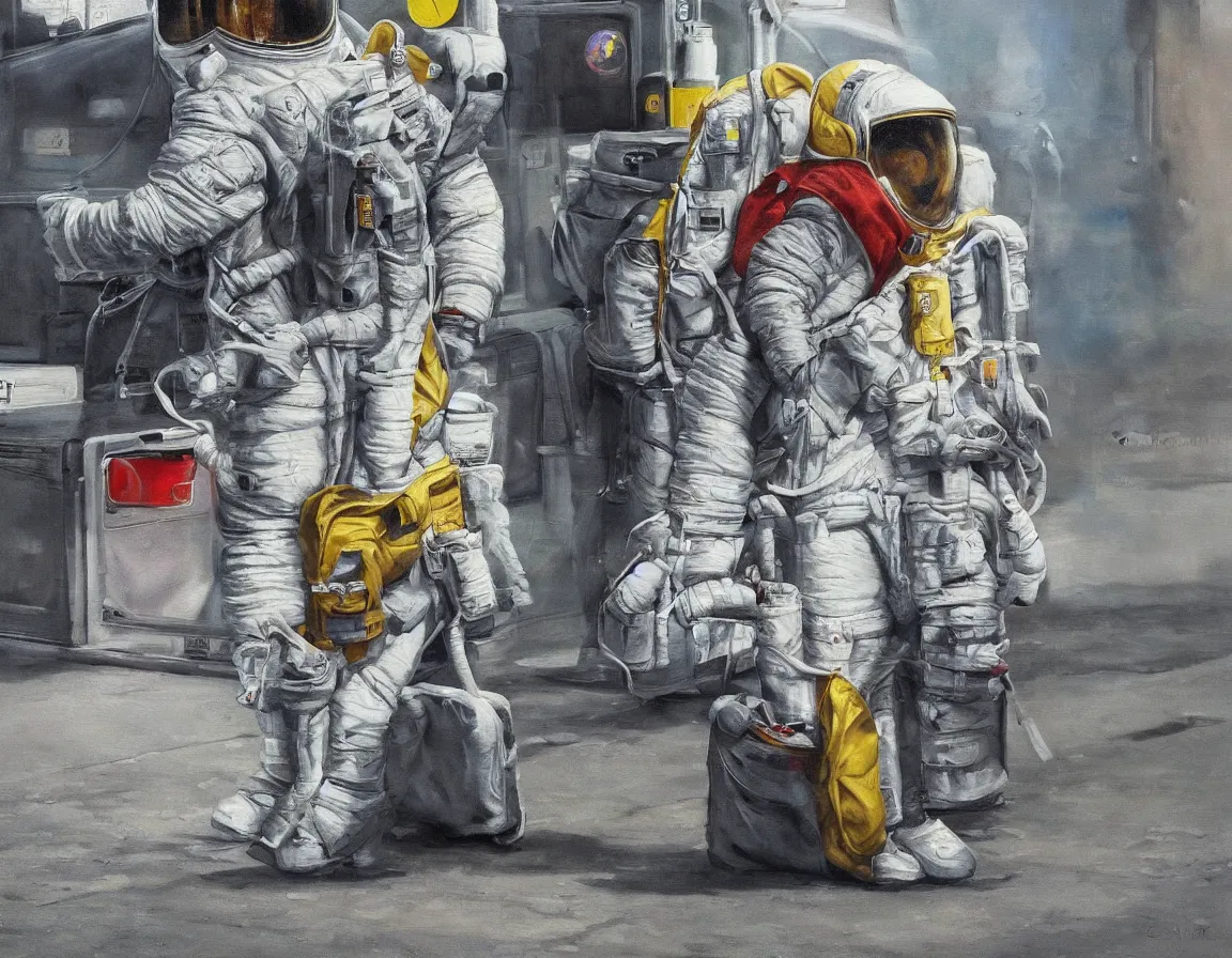 Prompt: hyper realistic oil painting of astronaut waiting for the bus at the bus stop, hd, hdr, by stanisław wyspianski, ultra detailed, high resolution