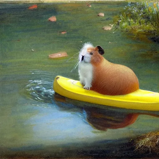 Prompt: a guinea pig paddling a yellow kayak on a small stream, in the style of fanny brate