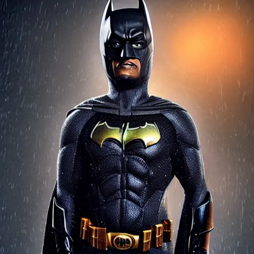 Image similar to Bola Tinubu as Batman, Bat suit with no cowl, no mask, portrait, hyper-realistic, sharp focus, highly detailed, depth of field, octane render