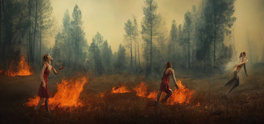 Prompt: full portrait of a young woman and a lamb running from a forest fire, inferno, smoke, flames, dark, gloomy, horror, screaming, a small farm is burning in the distance, insanely detailed, photorealistic, cinematic, dramatic lighting,