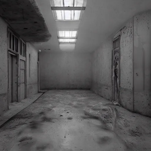 Image similar to gritty, cinematic, liminal space, 3d render, photorealism