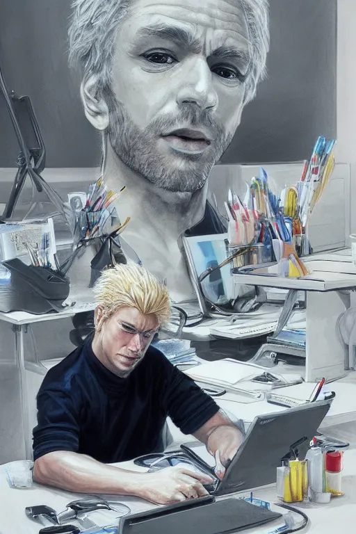 Image similar to painting of a middle aged austrian man with blonde hair sitting at his work desk with ten smartphones turned on, by artgerm and yoshitaka amano, trending on artstation