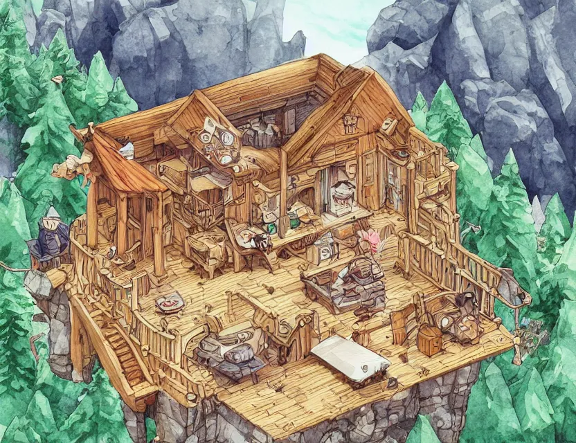 Prompt: cute and funny, a magicians cabin carved into a mountain, centered award winning watercolor pen illustration, isometric illustration by chihiro iwasaki, edited by range murata, sharply focused