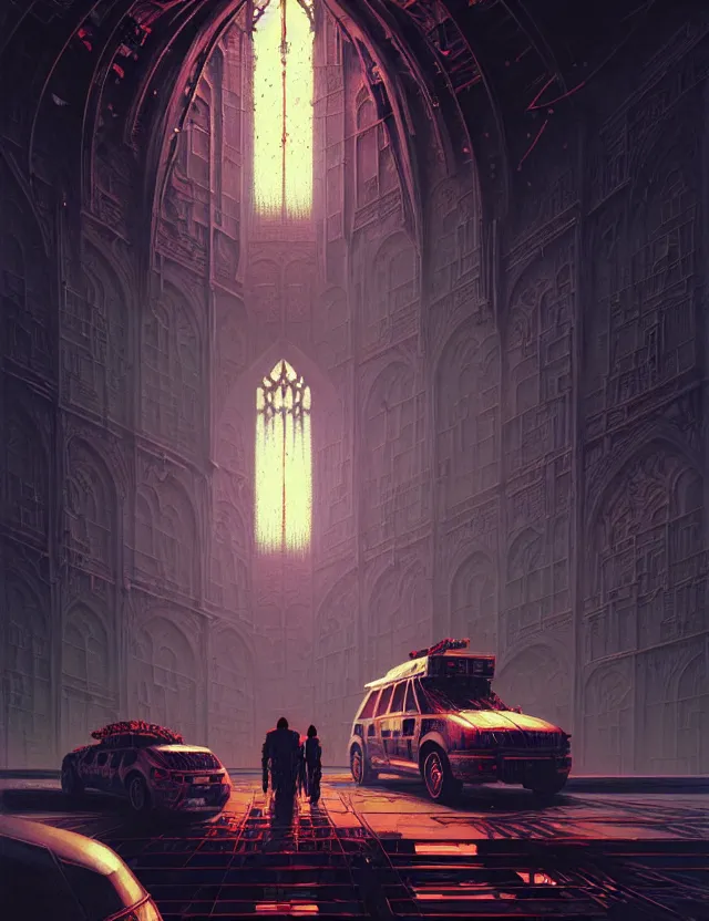 Prompt: detailed portrait, intricate complexity, by greg rutkowski, ross tran, conrad roset, takato yomamoto, ilya kuvshinov huge gothic crematorium on desert planet, elevator, side ramp entrance ambulance dead bodies, guards intricate, painting by lucian freud and mark brooks, bruce pennington, dark colors, neon, death, guards, nice style smoke