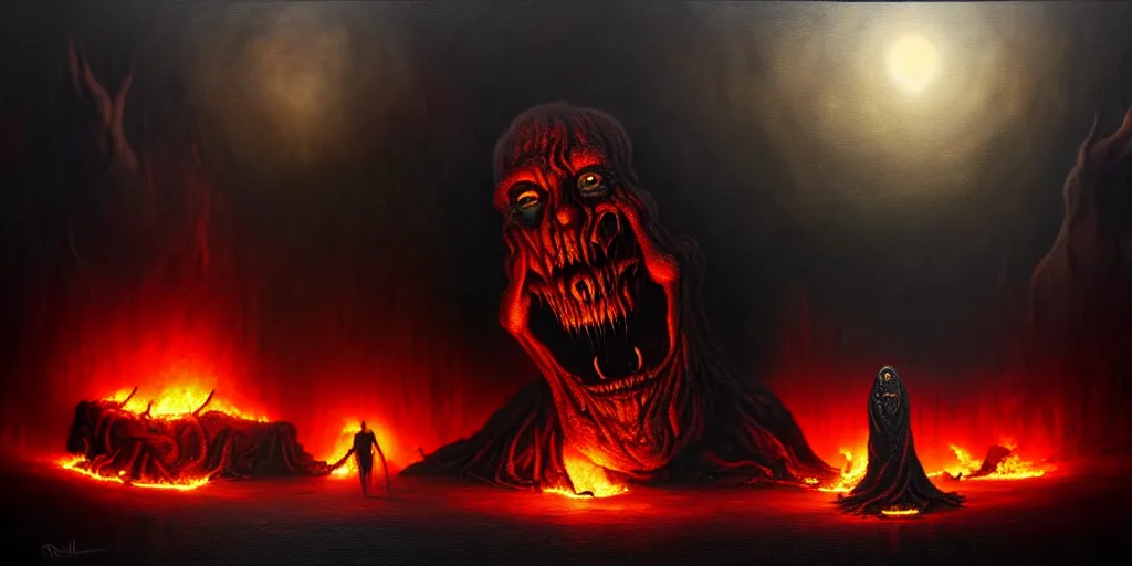 Image similar to repressed emotion creatures and monsters at the mouth of hell, dramatic lighting glow from giant fire, attempting to escape and start a revolution, in a dark surreal painting by ronny khalil