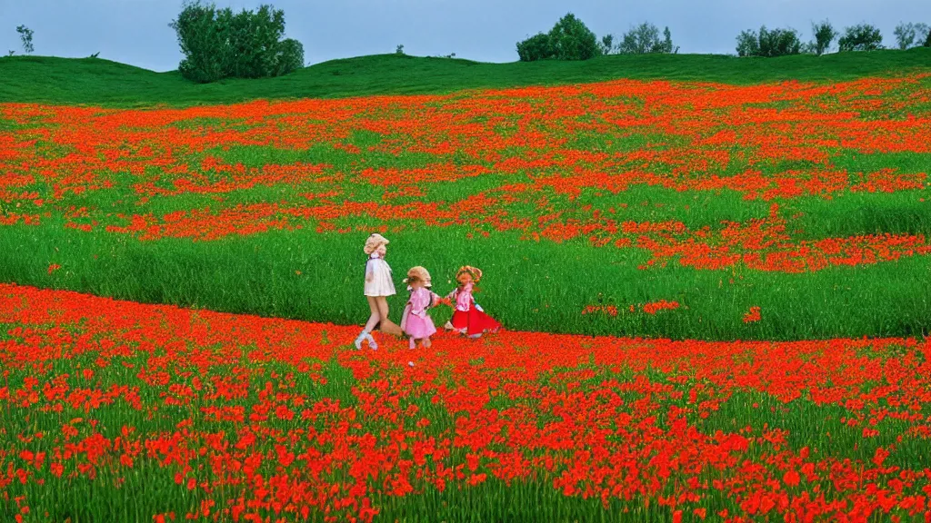 Image similar to dorothy and toto walk down the yellow brick road through a field of poppies, emerald city looms in the distance, technicolor, 4 k