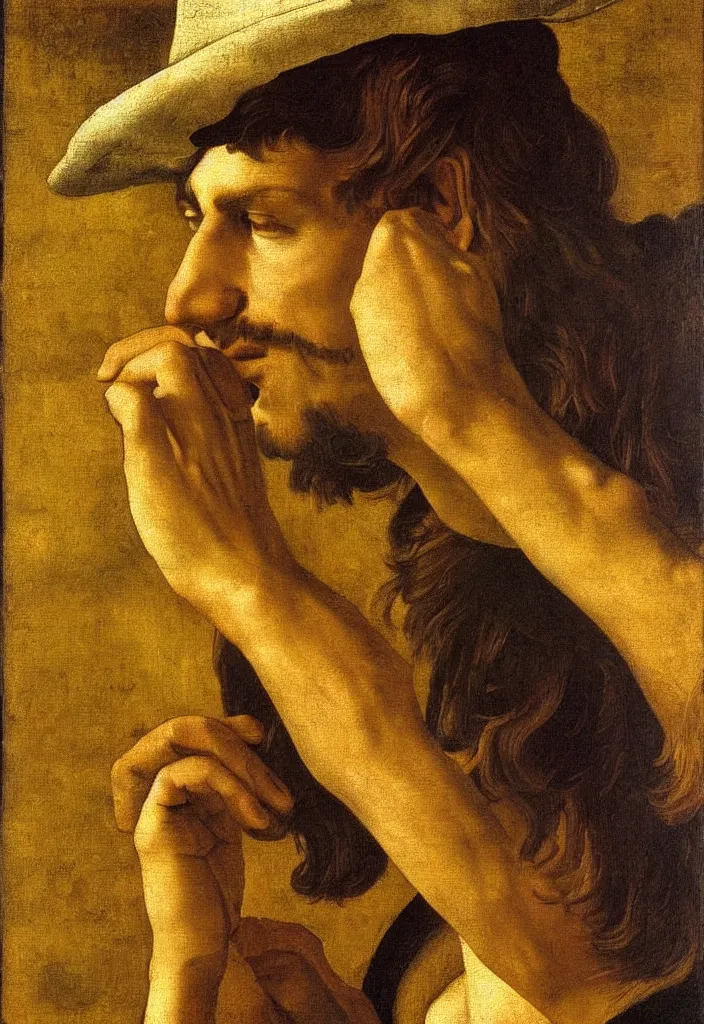 Image similar to men drinks golden liquid, closeup portrait, garden, ultra detailed, Orazio Gentileschi style