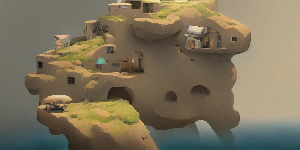 Image similar to a house on a cliff by the ocean by goro fujita