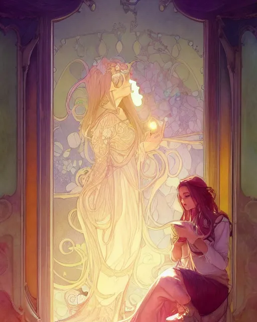 Image similar to secret romance, highly detailed,, gold filigree, romantic storybook fantasy, soft cinematic lighting, award, disney concept art watercolor illustration by mandy jurgens and alphonse mucha and alena aenami, pastel color palette, featured on artstation