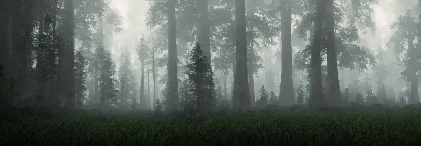 Prompt: A forest shot by high angle with big trees and fog by paul chadeisson, cinematic lighting, extremely detailed, ultra realistic, trending on artstation, 8K