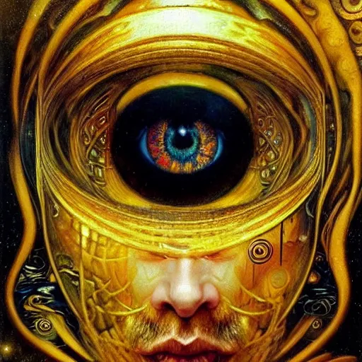 Image similar to Divine Chaos Engine by Karol Bak, Jean Deville, Gustav Klimt, and Vincent Van Gogh, beautiful visionary face portrait, sacred geometry, mystic eyes, otherworldly, fractal structures, ornate gilded medieval icon, third eye, spirals