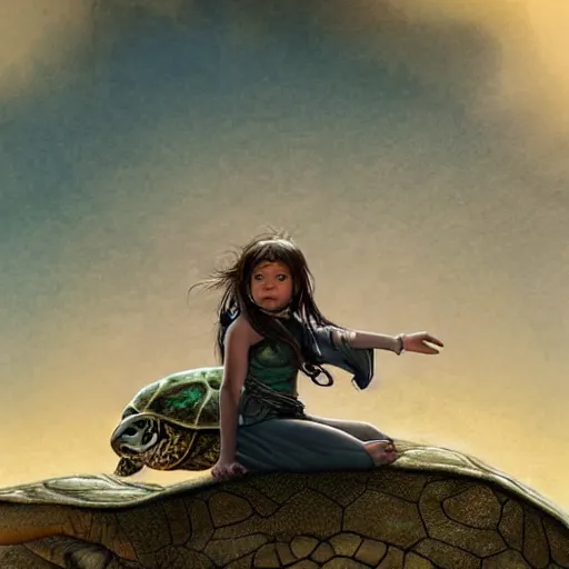 Image similar to a little warrior girl sitting on top of a giant turtle that is walking in the desert, seen from a distance. the girl is fully visible and has dark skin and beautiful green eyes, realistic full body and a very beautiful detailed face with long black hair. diffuse light, dramatic sky and landscape, fantasy illustration by mucha h 7 6 8