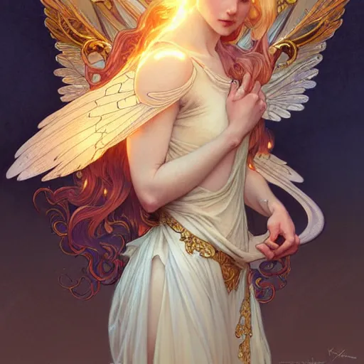 Prompt: A girl with blonde hair, glowing halo, huge highly detailed wings, art nouveau, fantasy, intricate, elegant, highly detailed, digital painting, artstation, concept art, smooth, sharp focus, illustration, art by Krenz Cushart and Artem Demura and alphonse mucha