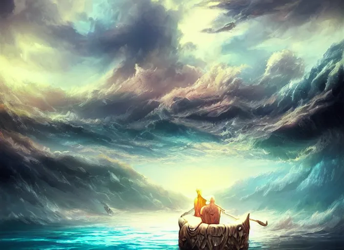 Image similar to epic fantasy landscape, drowning in the water, beautiful sky by Cyril Aquasixio Rolando, Cyril Rolando,