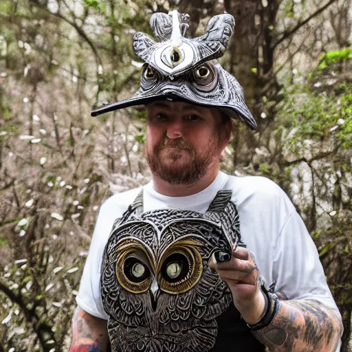 Prompt: photo man wearing ornate owl armour