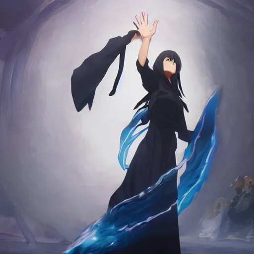 Prompt: anime girl from bleach raising her hand and casting magic, an archetype of death, deep black robe, blue orb, detailed scene, wide shot, intense colors, by Ilya Repin and Greg Rutkowski, artstation