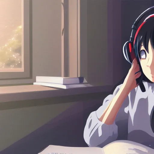 Prompt: Anime painting of a black haired girl wearing headphones while studying in her warm cozy home, by makoto shinkai, relaxed, calm, atmospheric, trending on artstation, kimi no na wa