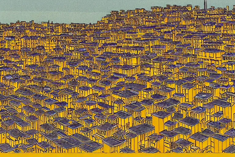 Image similar to a city with buildings made out of lemons by moebius