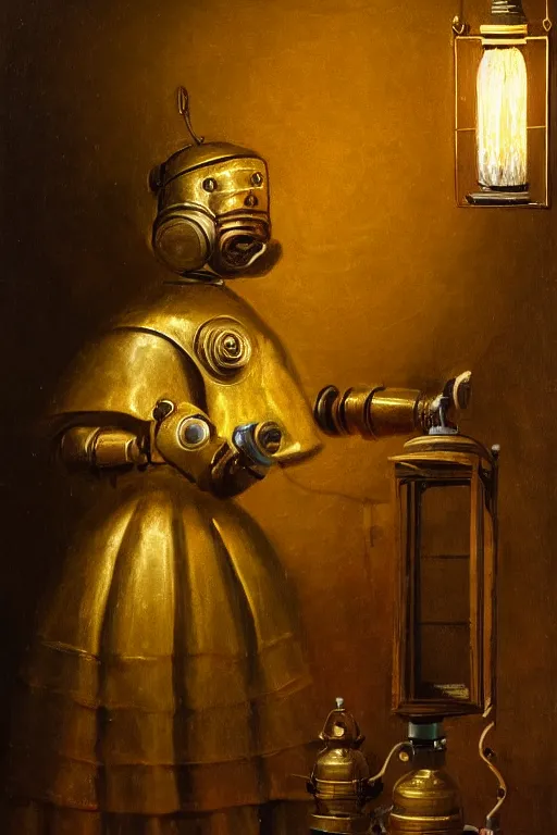 Prompt: baroque painting of a female brass robot holding a lantern inside a dark workshop |