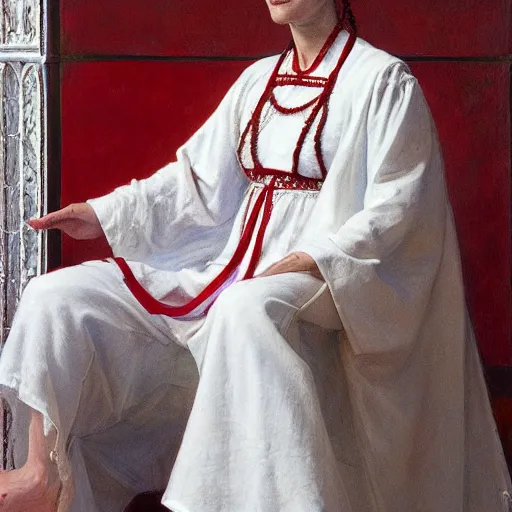 Image similar to portrait of a priestess, wearing all - white clothes, and a red helmet, by donato giancola and berthold woltze.