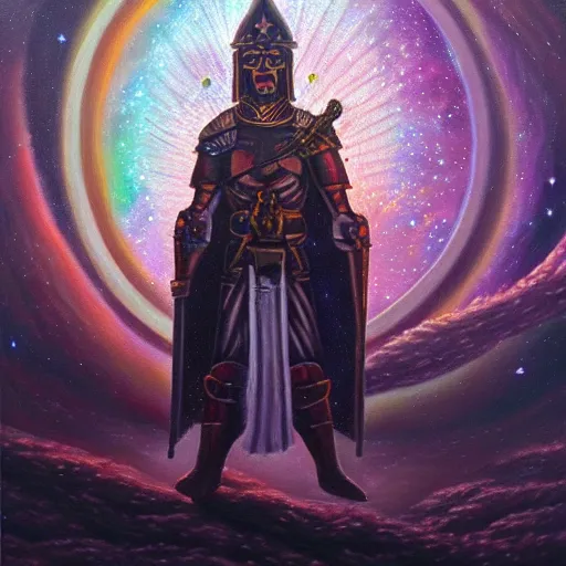 Image similar to facing the darkness with a sword in hand, galactic nebular astral realm sacred journey in oil painting, trending on artstation, award winning, emotional, highly detailed surrealist art