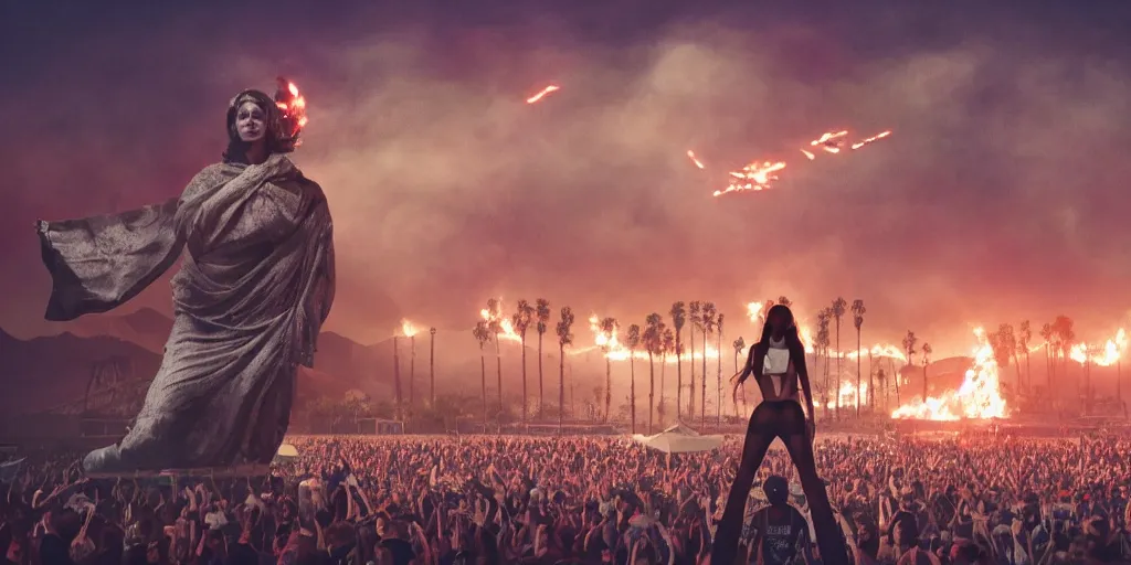 Prompt: realistic cinematic views of a Orwellian Coachella with fires in the background and dead birds falling from the sky in front of the main stage worshipping a large statue of kim kardashian, hyper detailed, terror glows, hyper realistic, digital painting, 8k, 35mm film grain, octane render