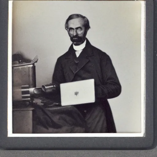 Prompt: old polaroid depicting a scientist from the 1 9 th century holding a modern day laptop