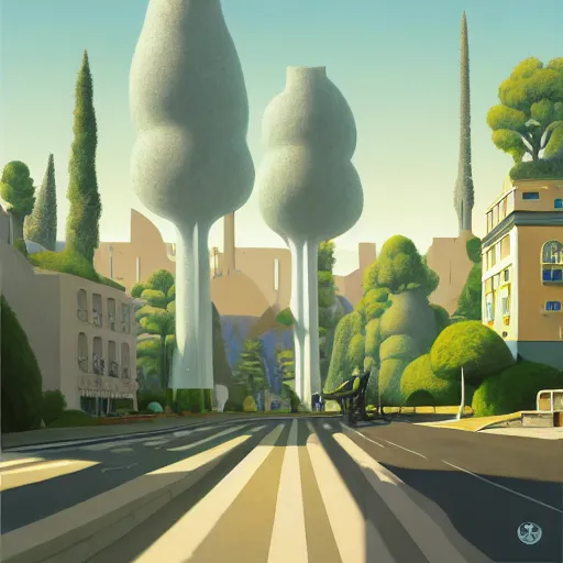 Image similar to pop-surrealist city painting, octane render, unreal engine, trees and pines everywhere, very nice pastel colors, lights and shadows, glowing hot sun, very coherent, Houdini algorithmic generative art, painted by Edward Hopper, Wayne Barlowe, painted by James Gilleard, airbrush, art by WLOP, artgerm and James Jean