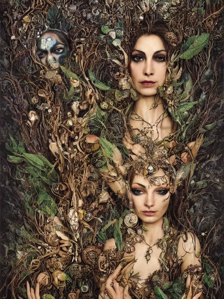 Image similar to a centered photo of a gorgeous dark tribal fairy with face tatoos wearing ornate and intricate jewellery made from sticks and feathers and leaves and jewels dancing through a mushroom forest, Photorealistic, Detailed, Realism, Fantasy, Voluemetric Lighting, Global Illumination, Subsurface Scattering, Photographic Color Scheme blur, by Karol Bak:10, by brian froud:5, by beeple:3, HD | trending on artstation