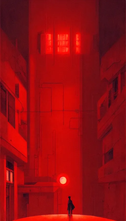 Image similar to only with red, a giant weird industrial zone with strange lights in the background, in the style of beksinski, by edward hopper and rodcenko and yue minjun and cory loftis, intricate and epic composition, red by caravaggio, highly detailed, masterpiece, red light, artstation, art nouveau