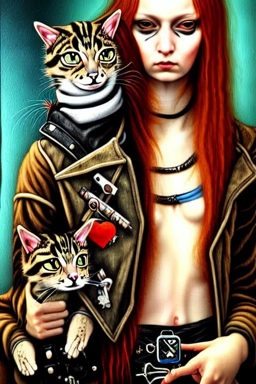 Prompt: punk rock girls making selfie with cats and smoking in jungle , mad max jacket, post apocalyptic, renaissance, highly detailed, digital painting, oil painting by Leonardo Da Vinci, hyper realistic style, fantasy by Olga Fedorova