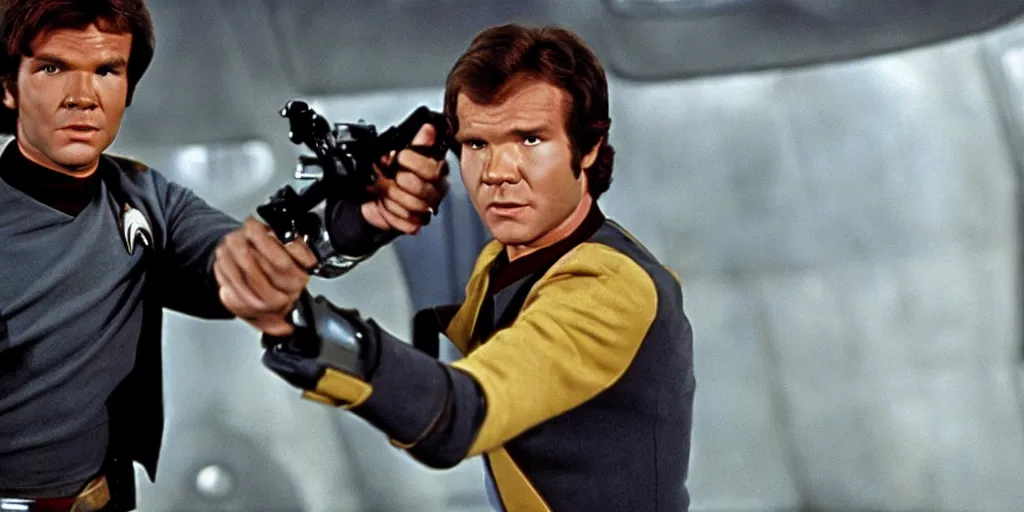 Prompt: Han Solo in the role of Captain Kirk in a scene from Star Trek the original series