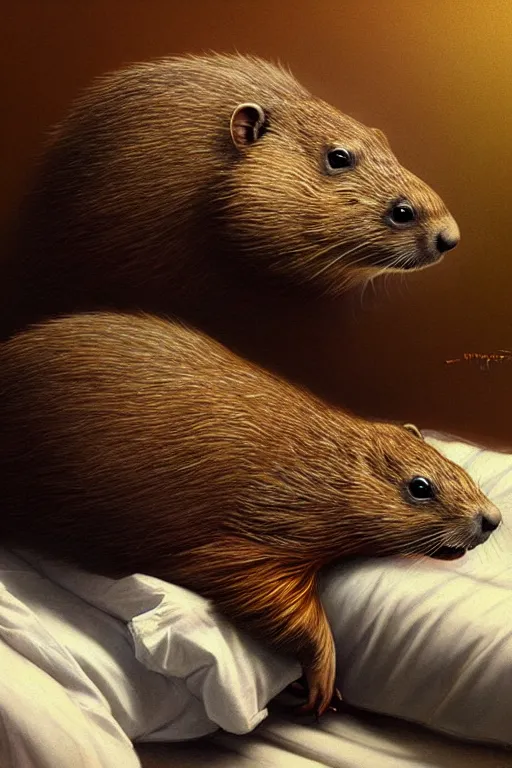 Image similar to drug addicted groundhog with a needle lies on the bed, realistic portrait, highly detailed, digital painting, artstation, concept art, smooth, sharp focus, illustration, cinematic lighting, art by artgerm and greg rutkowski and alphonse mucha