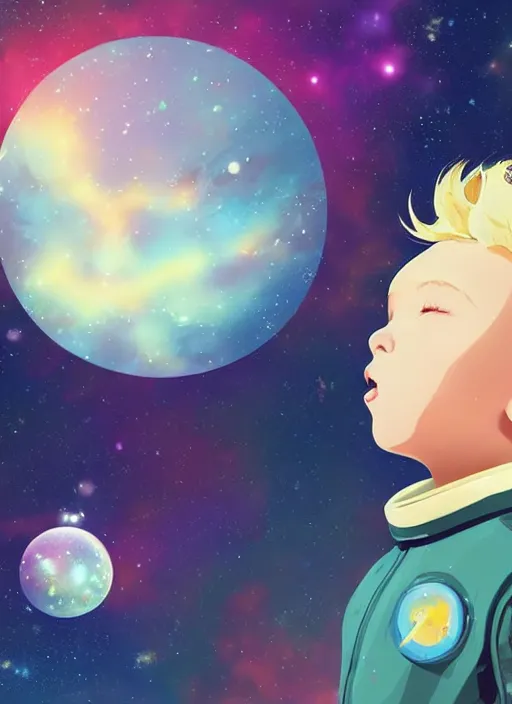 Image similar to little boy with short blonde hair. he is floating in space. he is wearing a space suit. background is a nebula. clean cel shaded vector art. shutterstock. behance hd by lois van baarle, artgerm, helen huang, by makoto shinkai and ilya kuvshinov, rossdraws, illustration, art by ilya kuvshinov