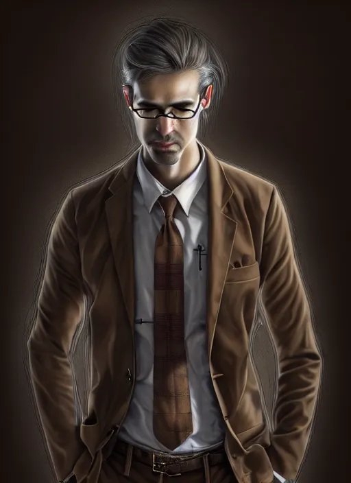 Image similar to male surgeon, brown hair, khakis, plaid shirt, gothic, moody, noir, diffuse lighting, fantasy, intricate, elegant, highly detailed, lifelike, photorealistic, digital painting, artstation, illustration, concept art, smooth, sharp focus, art by John Collier and Albert Aublet and James jean and Brian froud and ross tran and Artem Demura and Alphonse Mucha